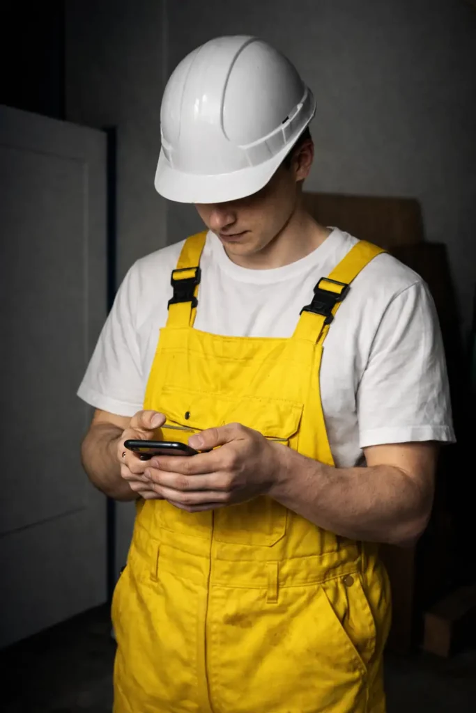 Homme en cote à bretelles jaune et tee-shirt blanc portant un casque de chantier, consultant son téléphone portable dans un environnement intérieur sombre